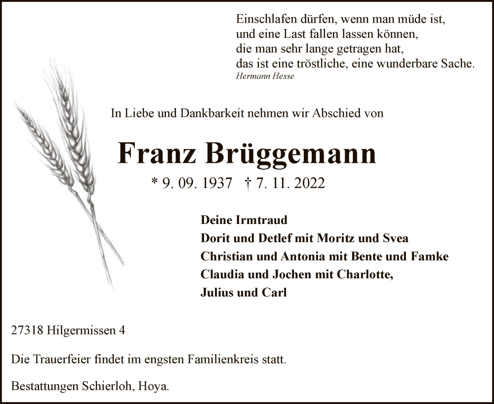  Traueranzeige für Franz Brüggemann vom 12.11.2022 aus SYK