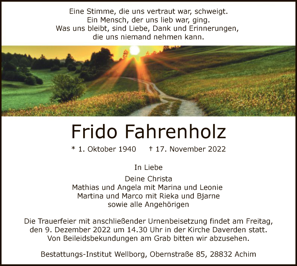  Traueranzeige für Frido Fahrenholz vom 26.11.2022 aus SYK