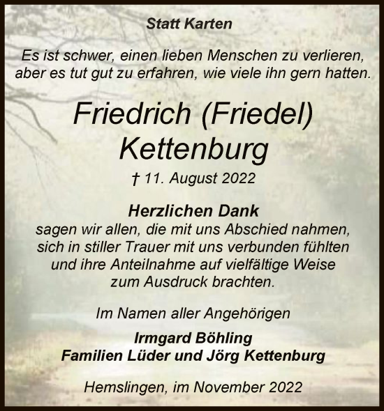 Traueranzeige von Friedrich Kettenburg von SYK