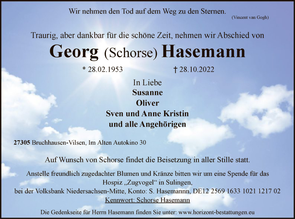  Traueranzeige für Georg Hasemann vom 05.11.2022 aus SYK