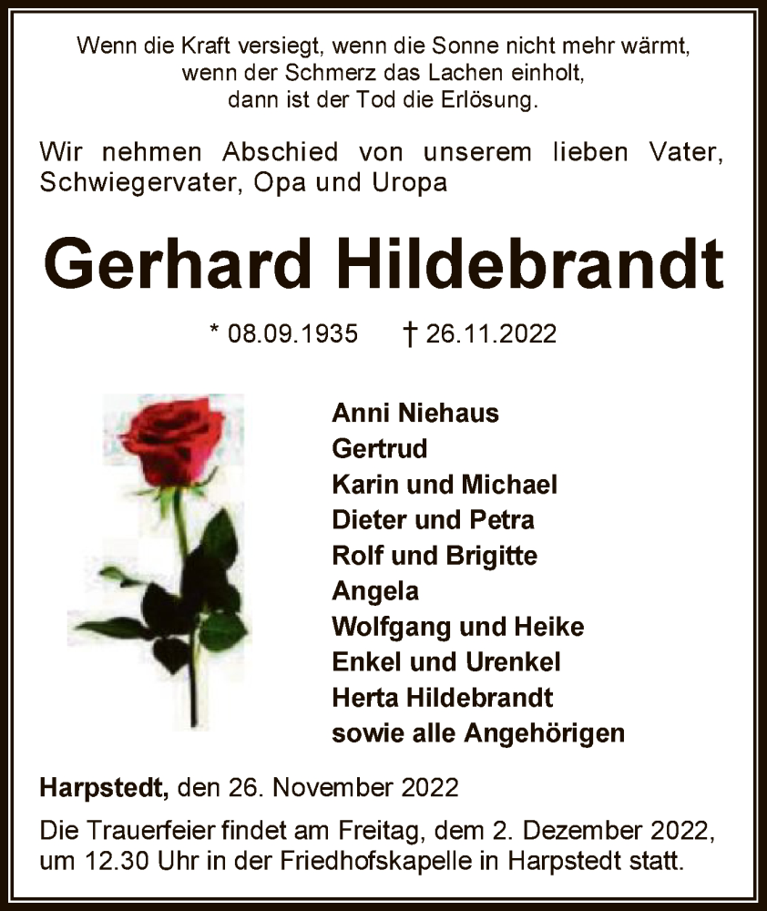  Traueranzeige für Gerhard Hildebrandt vom 29.11.2022 aus SYK