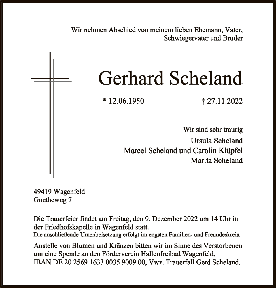  Traueranzeige für Gerhard Scheland vom 30.11.2022 aus SYK