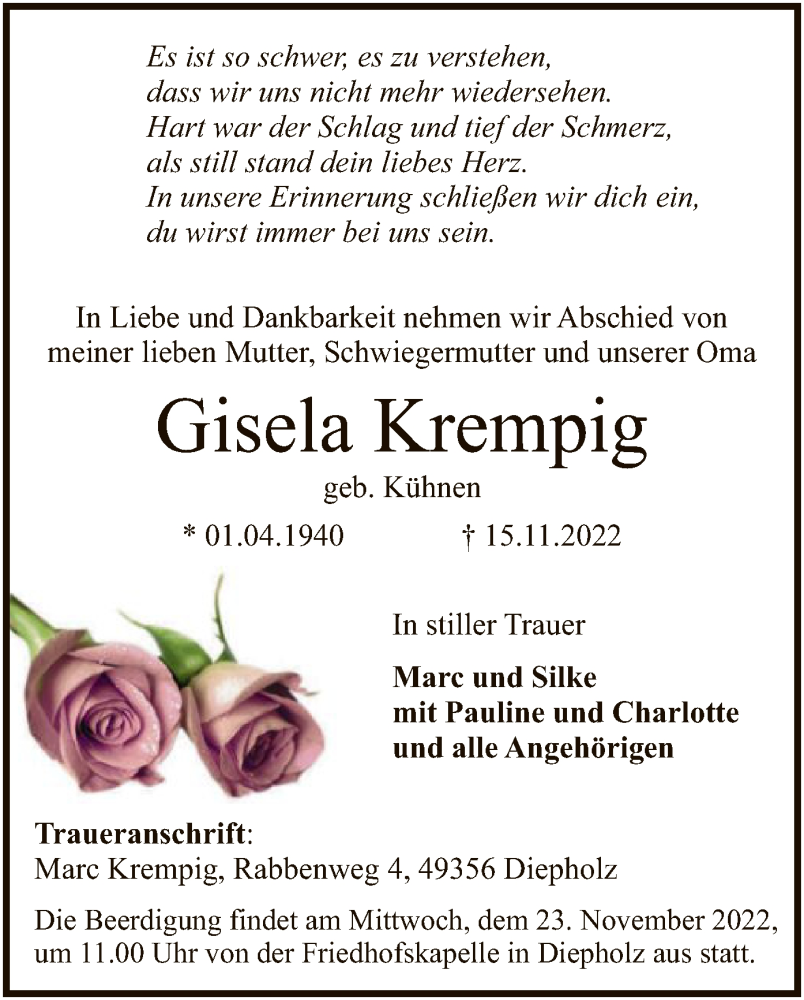  Traueranzeige für Gisela Krempig vom 19.11.2022 aus SYK
