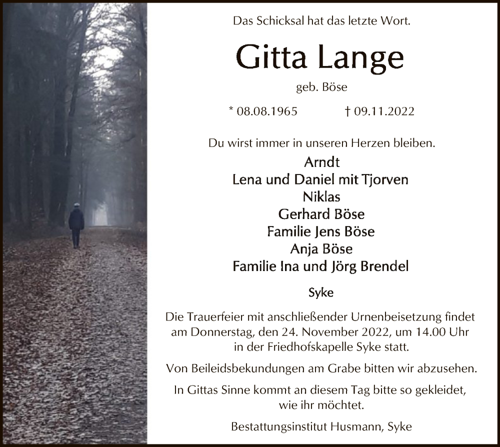  Traueranzeige für Gitta Lange vom 16.11.2022 aus SYK
