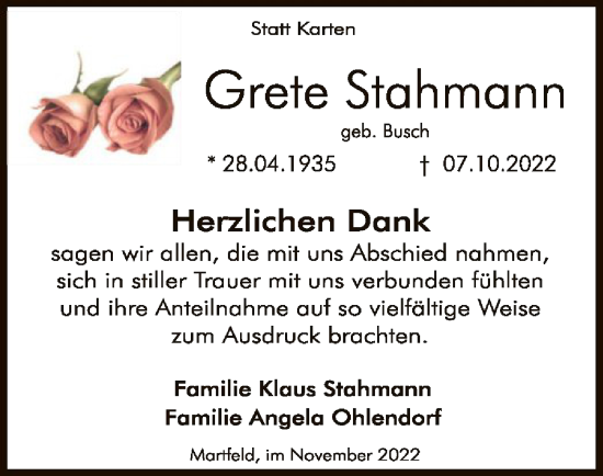 Traueranzeige von Grete Stahmann von SYK