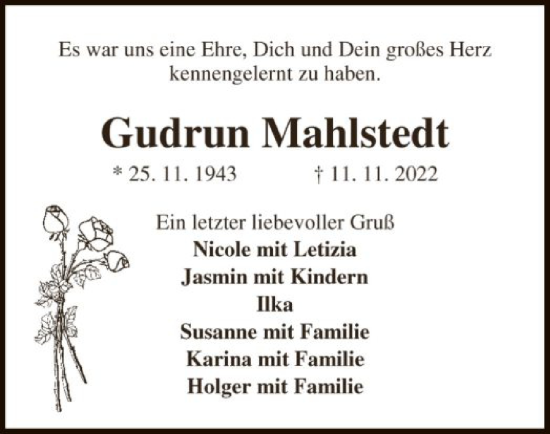 Traueranzeige von Gudrun Mahlstedt von SYK