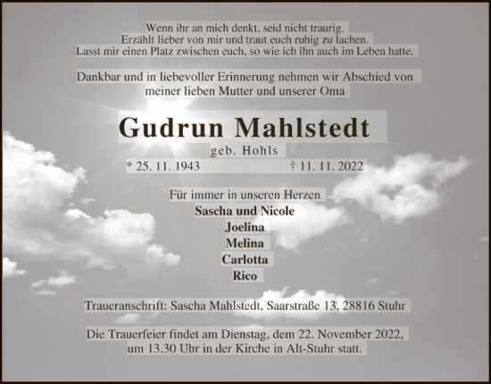 Traueranzeige von Gudrun Mahlstedt von SYK