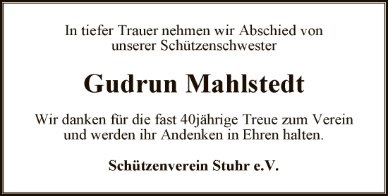 Traueranzeige von Gudrun Mahlstedt von SYK