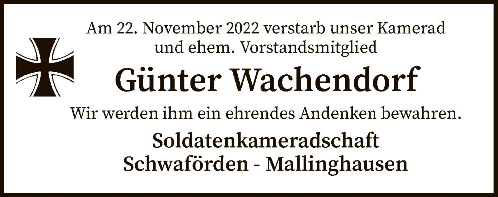  Traueranzeige für Günter Wachendorf vom 26.11.2022 aus SYK