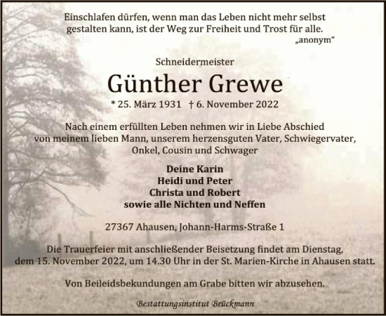 Traueranzeige von Günther Grewe von SYK