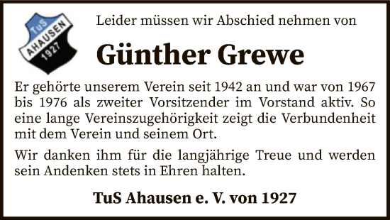 Traueranzeige von Günther Grewe von SYK