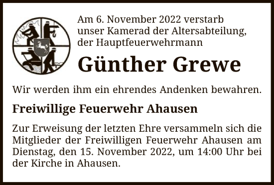 Traueranzeige von Günther Grewe von SYK