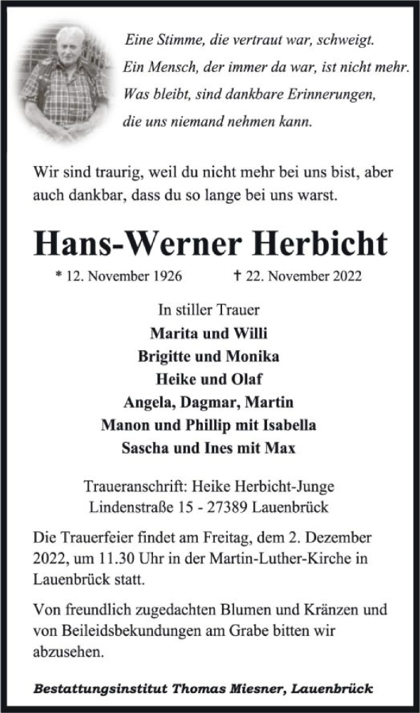  Traueranzeige für Hans-Werner Herbicht vom 25.11.2022 aus SYK