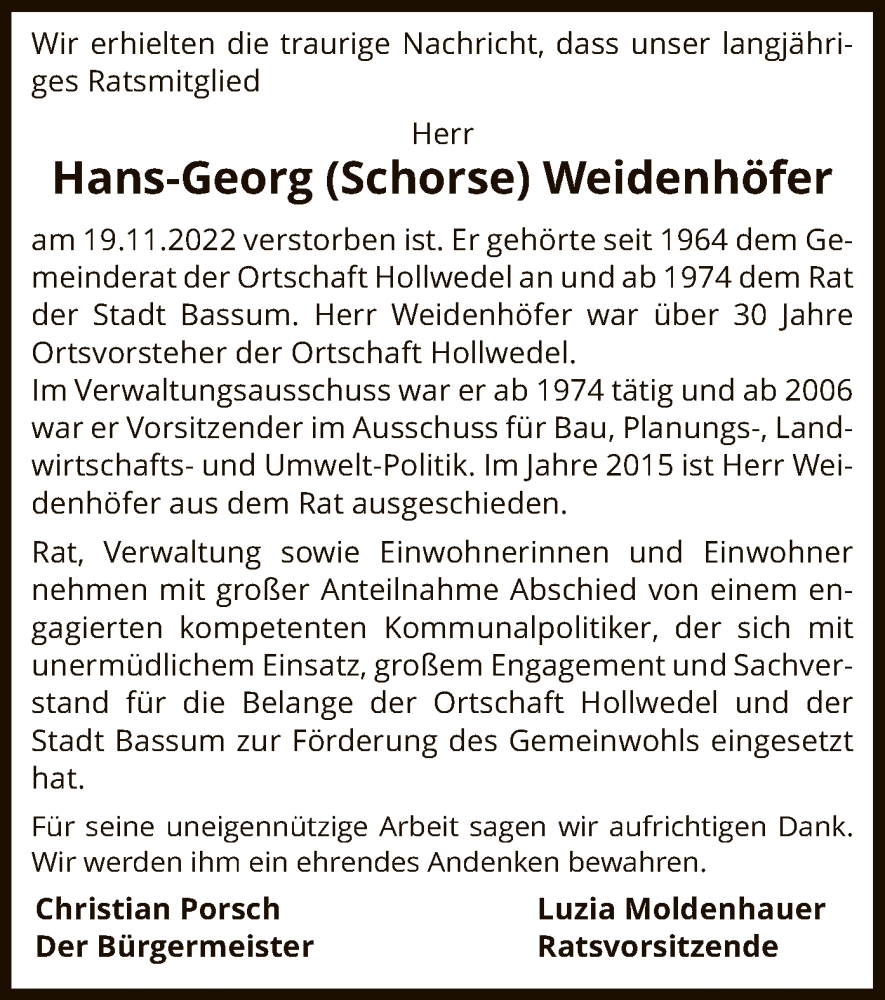  Traueranzeige für Hans Georg Weidenhöfer vom 24.11.2022 aus SYK