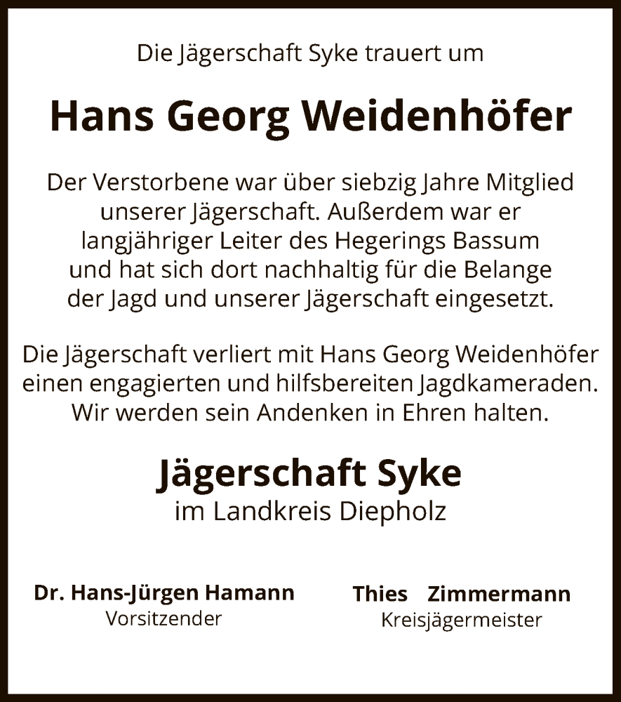  Traueranzeige für Hans Georg Weidenhöfer vom 25.11.2022 aus SYK
