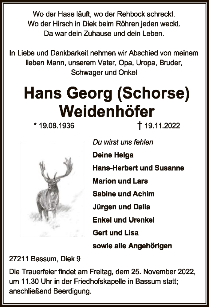  Traueranzeige für Hans Georg Weidenhöfer vom 23.11.2022 aus SYK