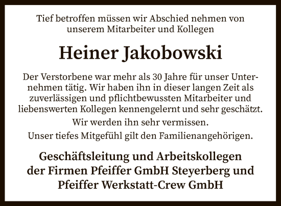 Traueranzeige von Heiner Jakobowski von SYK