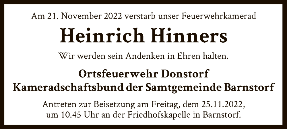  Traueranzeige für Heinrich Hinners vom 25.11.2022 aus SYK