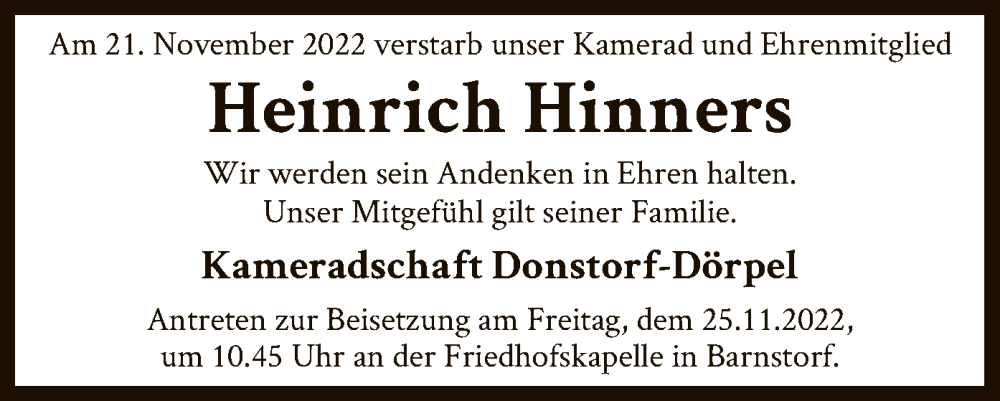  Traueranzeige für Heinrich Hinners vom 24.11.2022 aus SYK