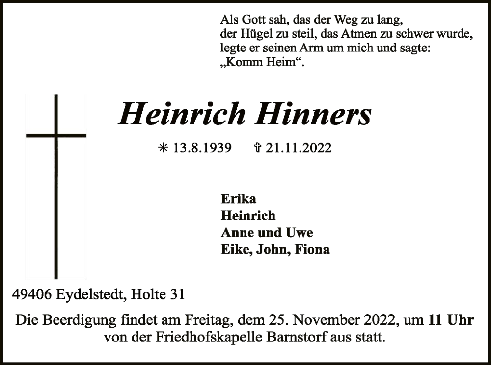  Traueranzeige für Heinrich Hinners vom 23.11.2022 aus SYK