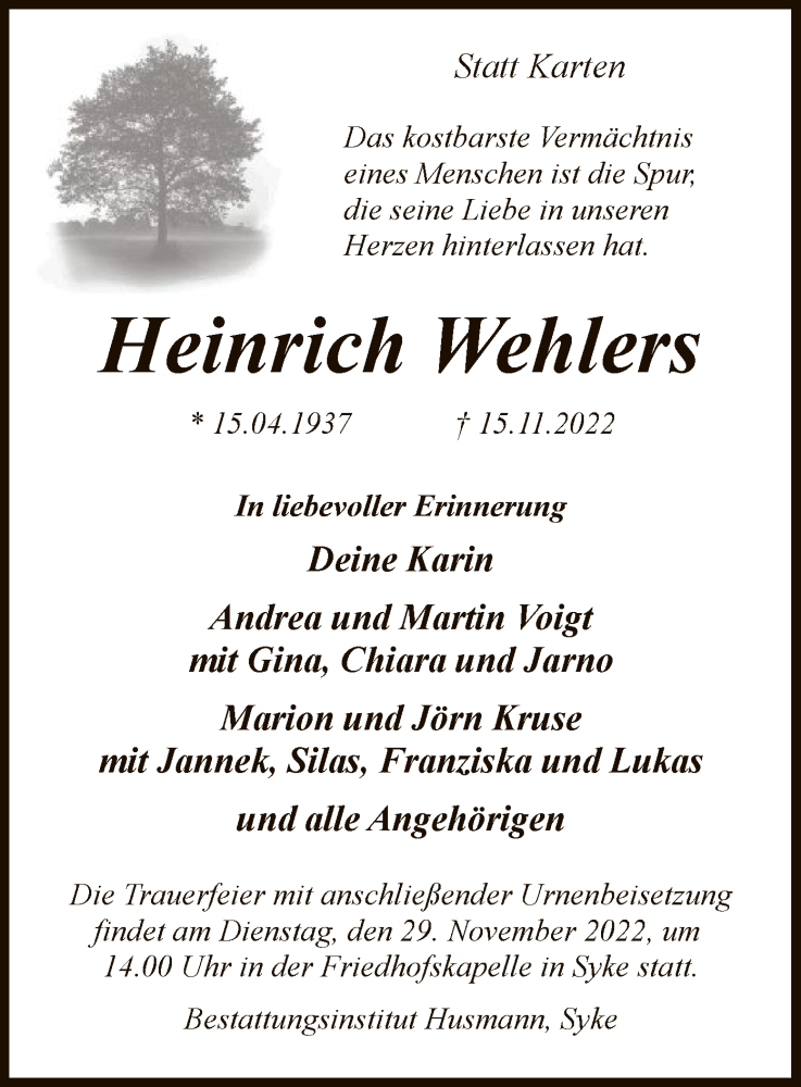  Traueranzeige für Heinrich Wehlers vom 19.11.2022 aus SYK