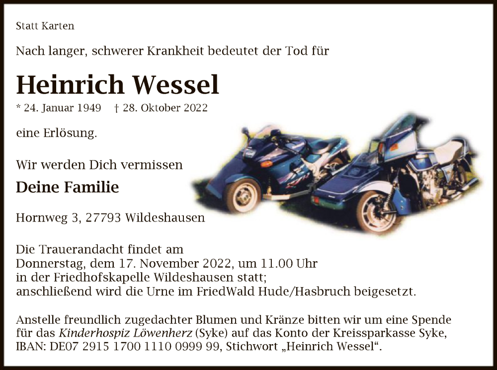  Traueranzeige für Heinrich Wessel vom 05.11.2022 aus SYK