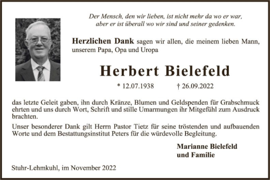 Traueranzeige von Herbert Bielefeld von SYK