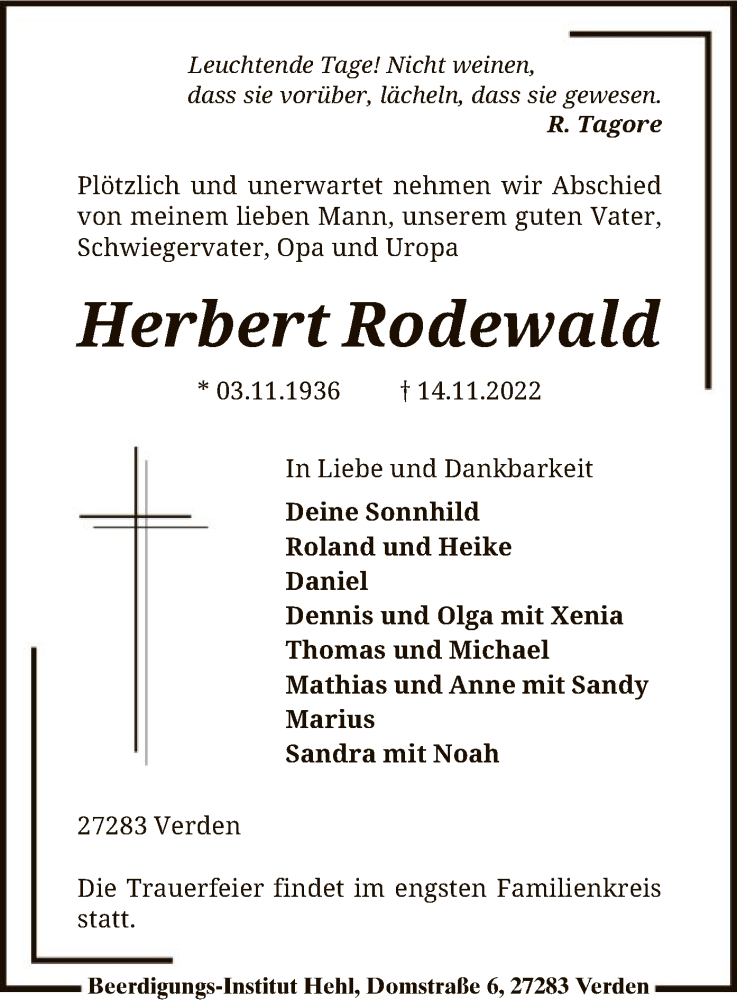  Traueranzeige für Herbert Rodewald vom 19.11.2022 aus SYK