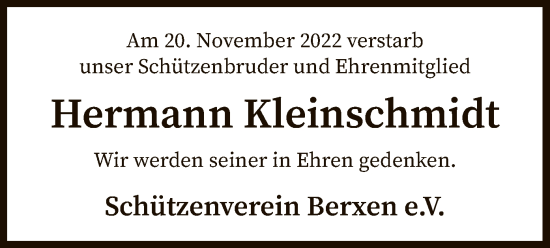 Traueranzeige von Hermann Kleinschmidt von SYK