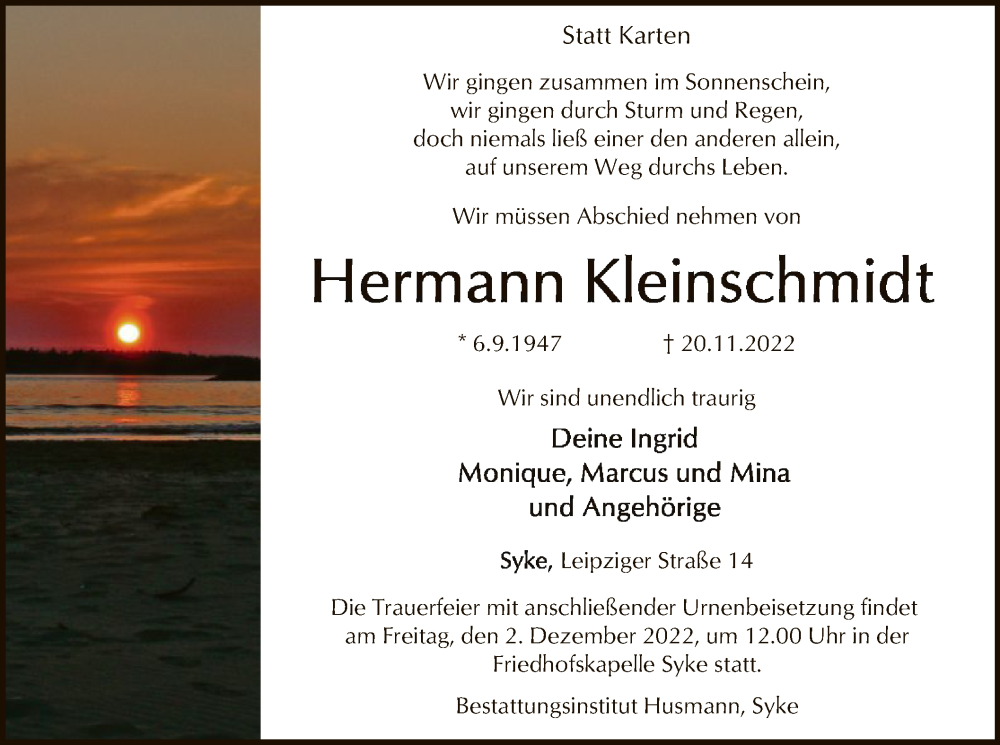  Traueranzeige für Hermann Kleinschmidt vom 23.11.2022 aus SYK