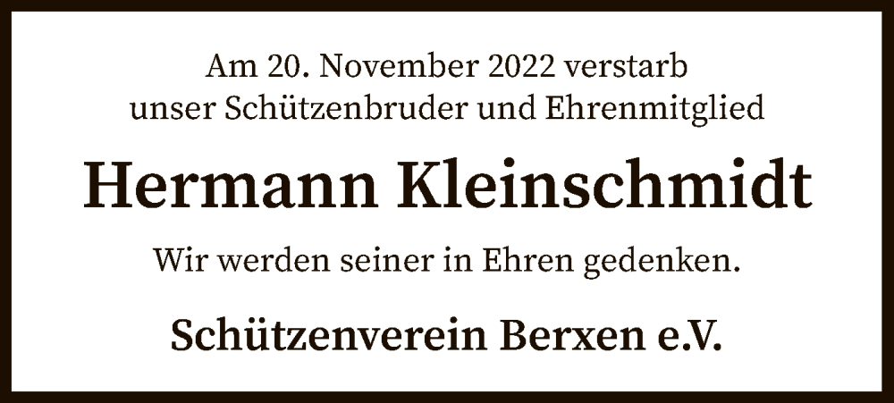  Traueranzeige für Hermann Kleinschmidt vom 26.11.2022 aus SYK