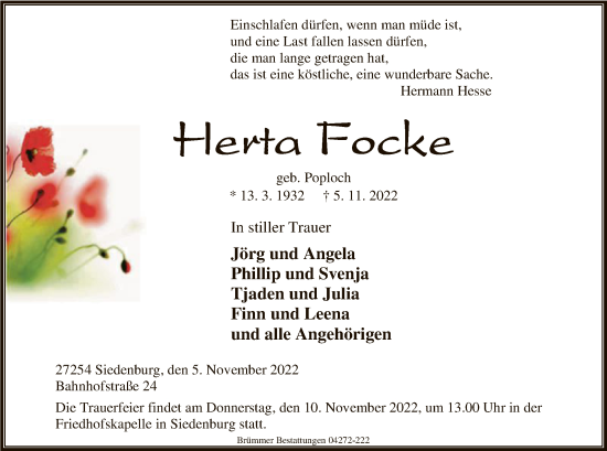 Traueranzeige von Herta Focke von SYK