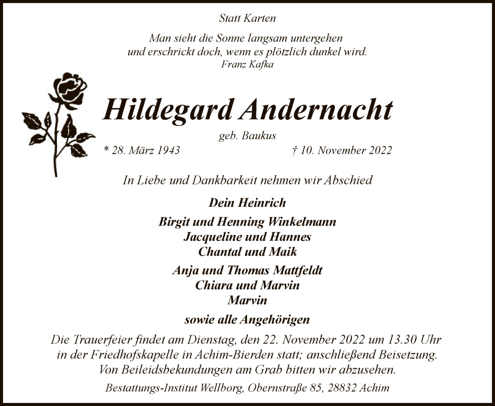  Traueranzeige für Hildegard Andernacht vom 16.11.2022 aus SYK
