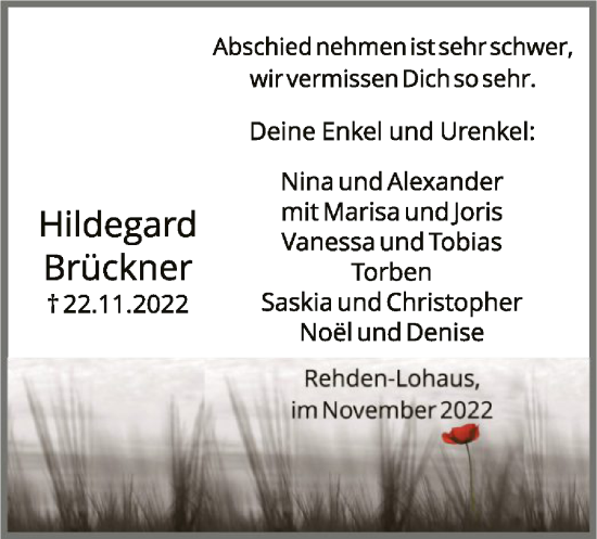 Traueranzeige von Hildegard Brückner von SYK