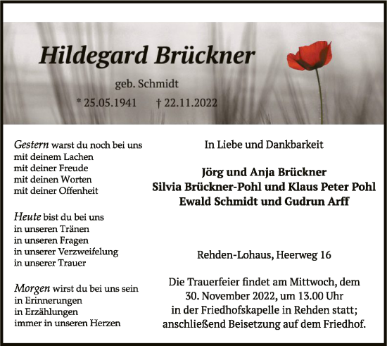 Traueranzeige von Hildegard Brückner von SYK