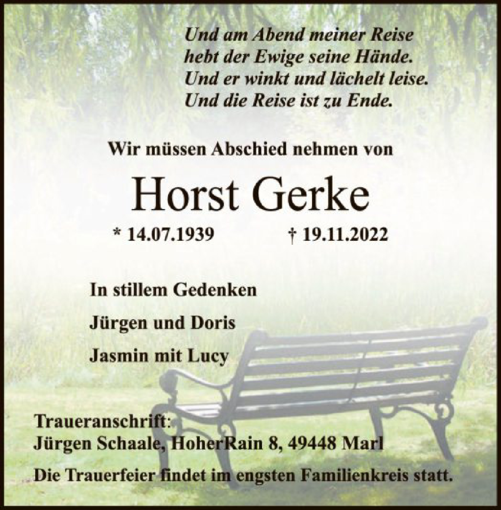  Traueranzeige für Horst Gerke vom 22.11.2022 aus SYK