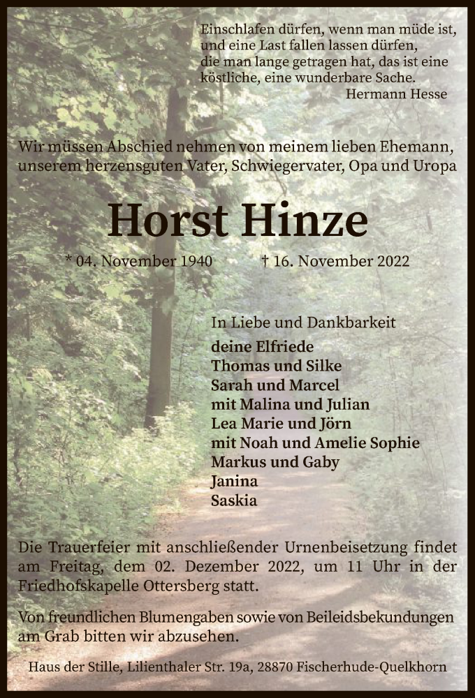  Traueranzeige für Horst Hinze vom 19.11.2022 aus SYK