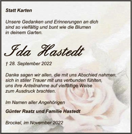 Traueranzeige von Ida Hastedt von SYK