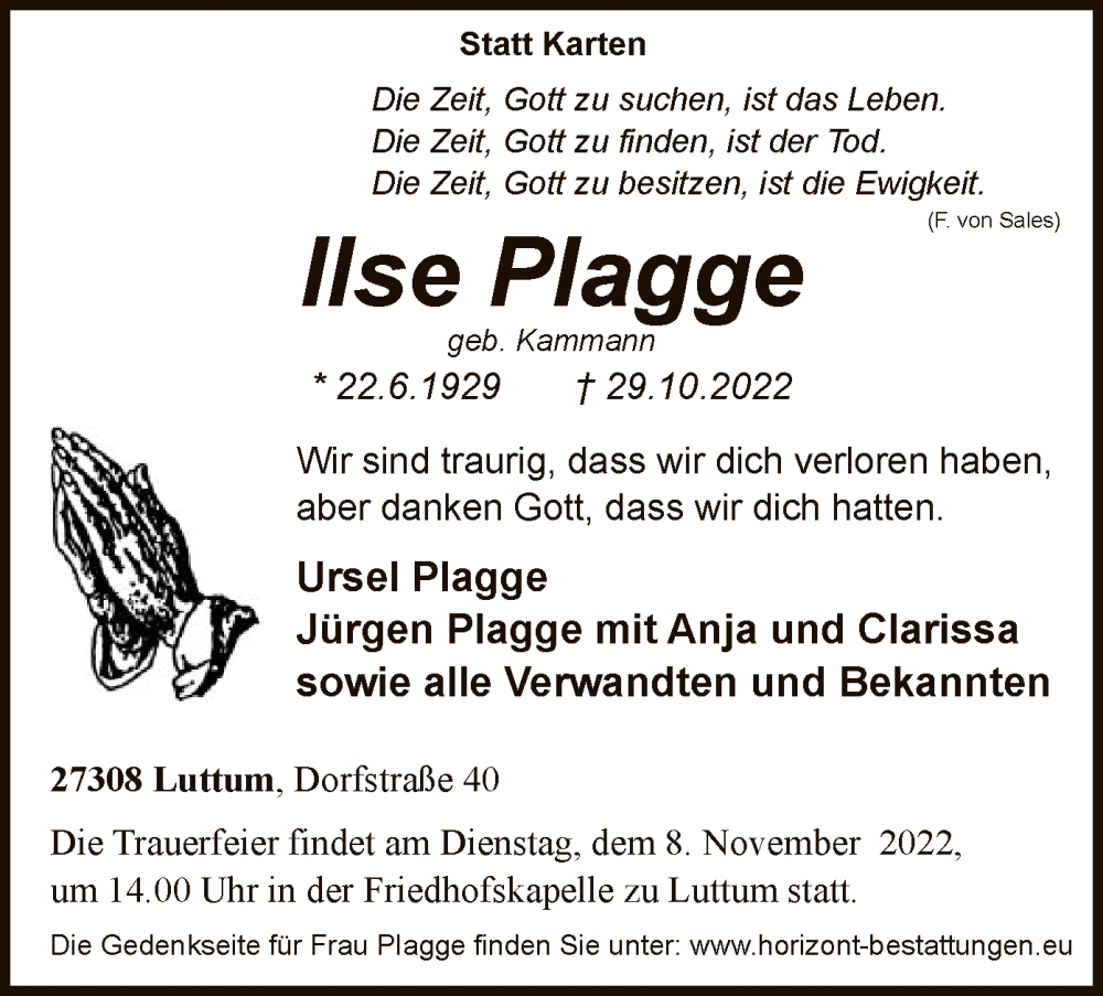  Traueranzeige für Ilse Plagge vom 04.11.2022 aus SYK