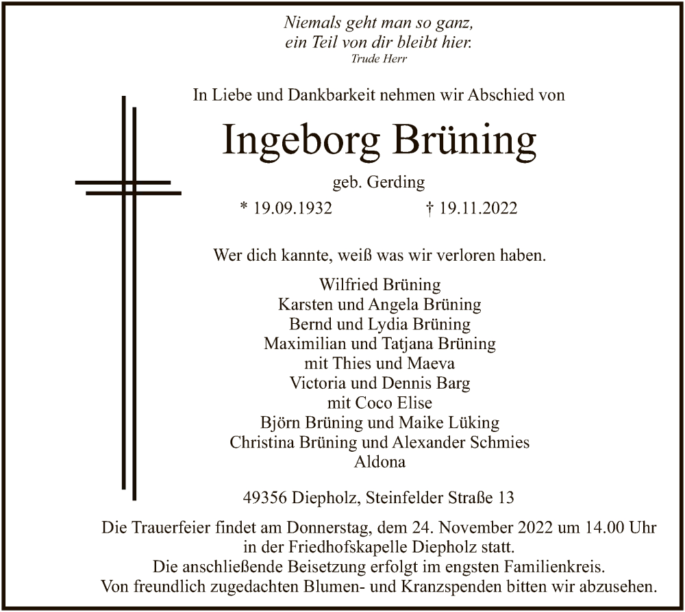  Traueranzeige für Ingeborg Brüning vom 22.11.2022 aus SYK