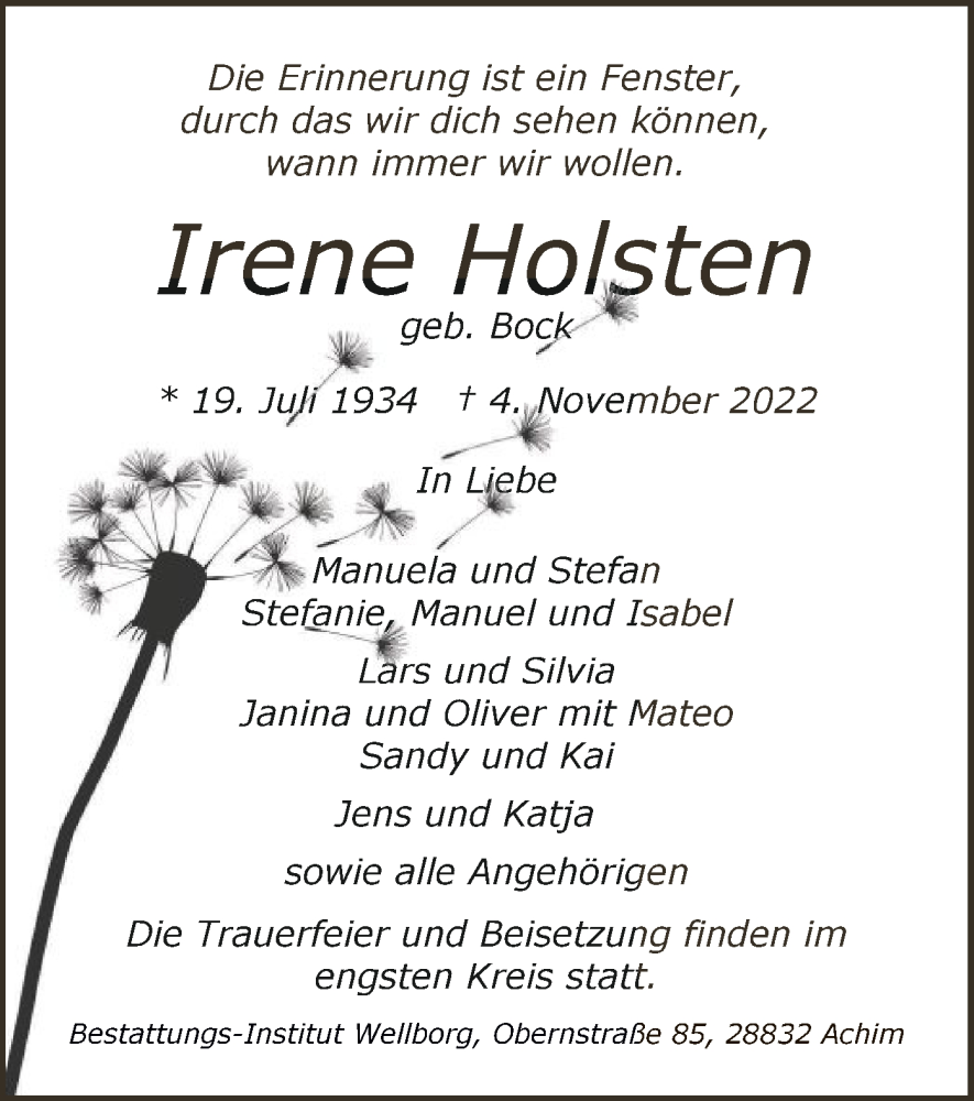  Traueranzeige für Irene Holsten vom 12.11.2022 aus SYK