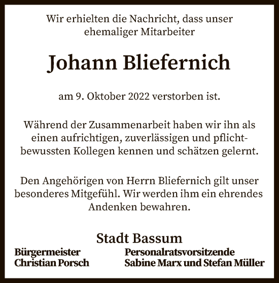 Traueranzeige von Johann Bliefernich von SYK