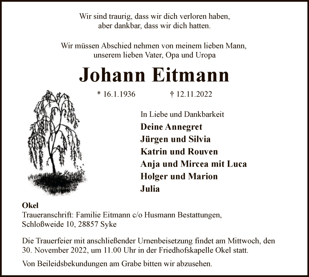  Traueranzeige für Johann Eitmann vom 18.11.2022 aus SYK