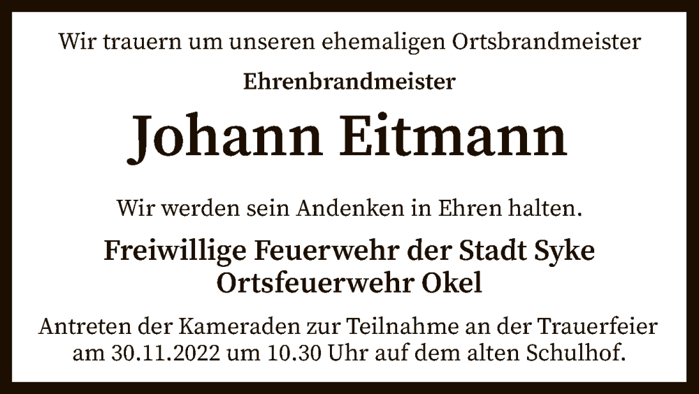  Traueranzeige für Johann Eitmann vom 18.11.2022 aus SYK