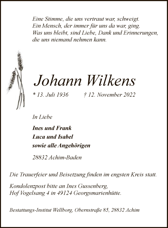 Traueranzeige von Johann Wilkens von SYK