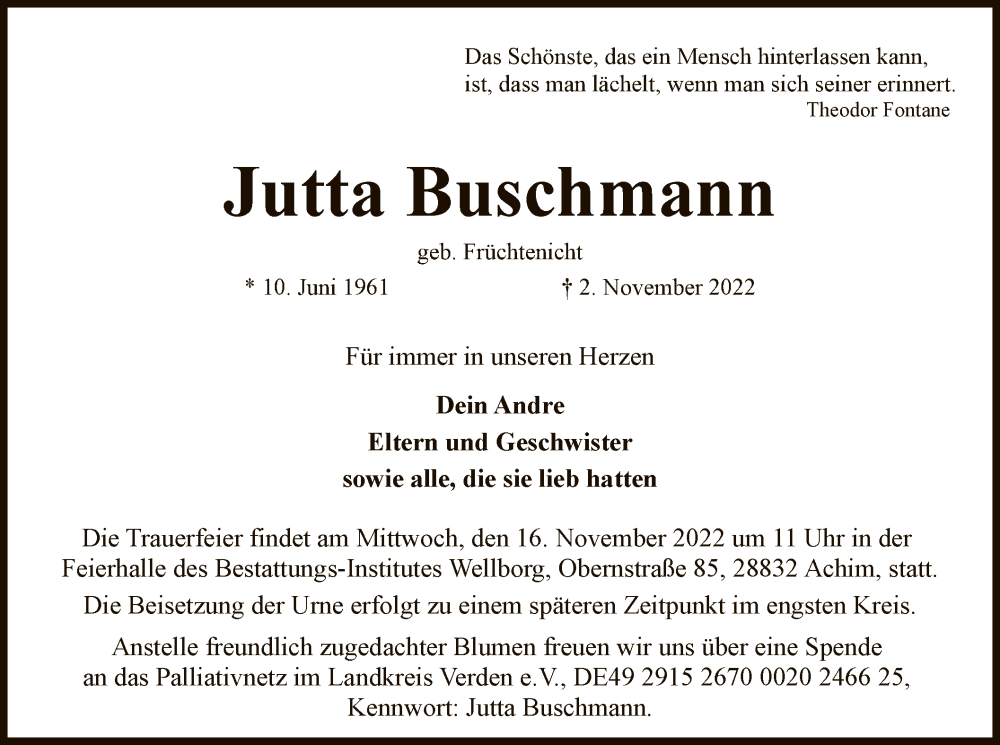  Traueranzeige für Jutta Buschmann vom 12.11.2022 aus SYK