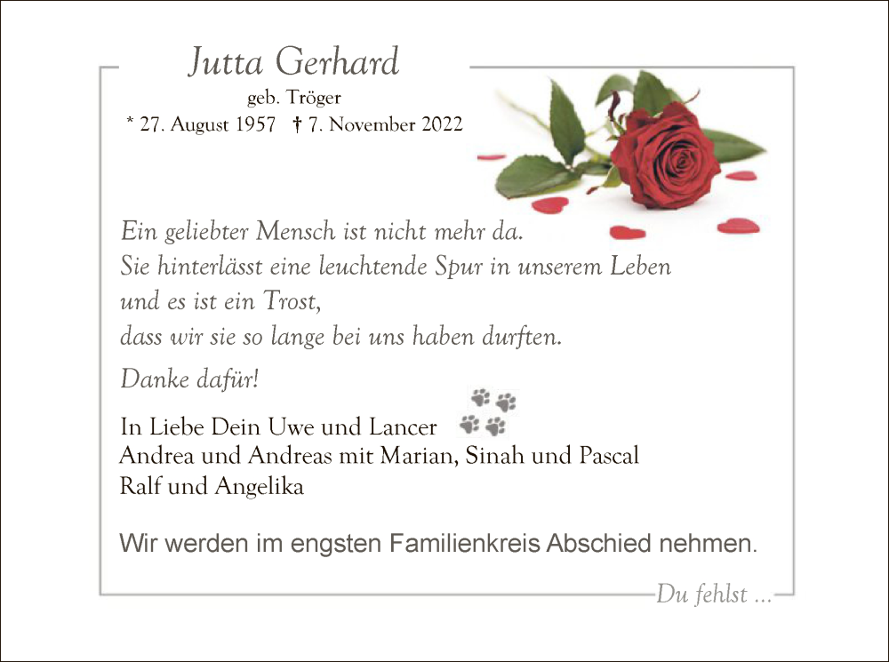  Traueranzeige für Jutta Gerhard vom 16.11.2022 aus SYK