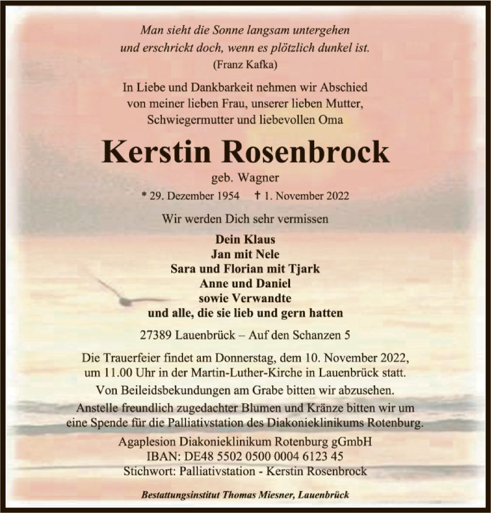  Traueranzeige für Kerstin Rosenbrock vom 07.11.2022 aus SYK