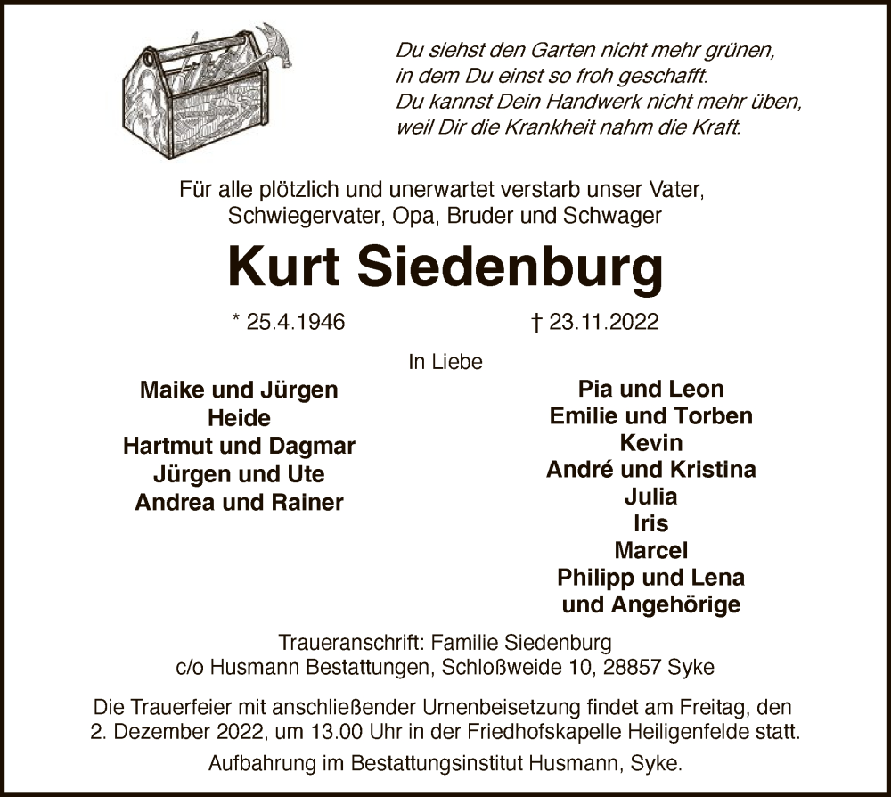  Traueranzeige für Kurt Siedenburg vom 26.11.2022 aus SYK