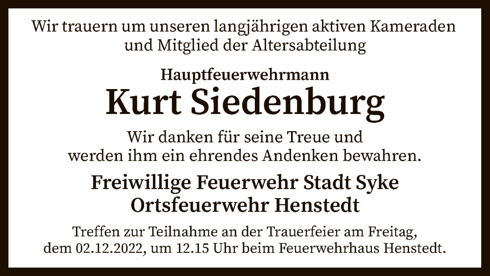  Traueranzeige für Kurt Siedenburg vom 29.11.2022 aus SYK